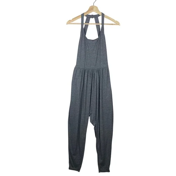 Halara U Neck Pocket Harem Gray Heathered Twist Back Halter Jumpsuit Size Medium - Picture 4 of 9